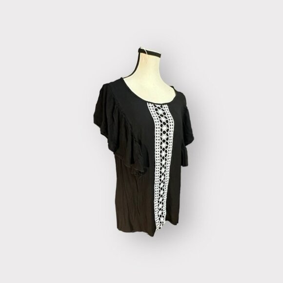NWT Women’s 12 Bloomchic Black Solid Contrast Lace Ruffle Round Neck Blouse L - Picture 10 of 11